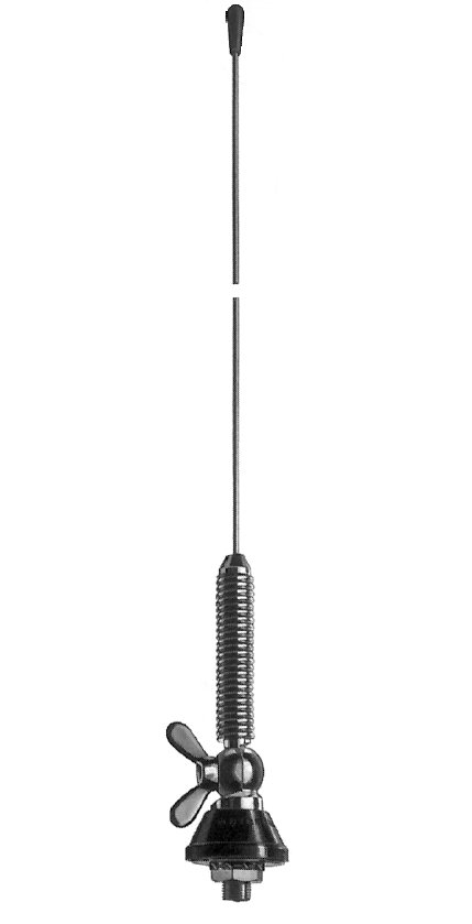 Long metal antenna with coil spring and wing nut.