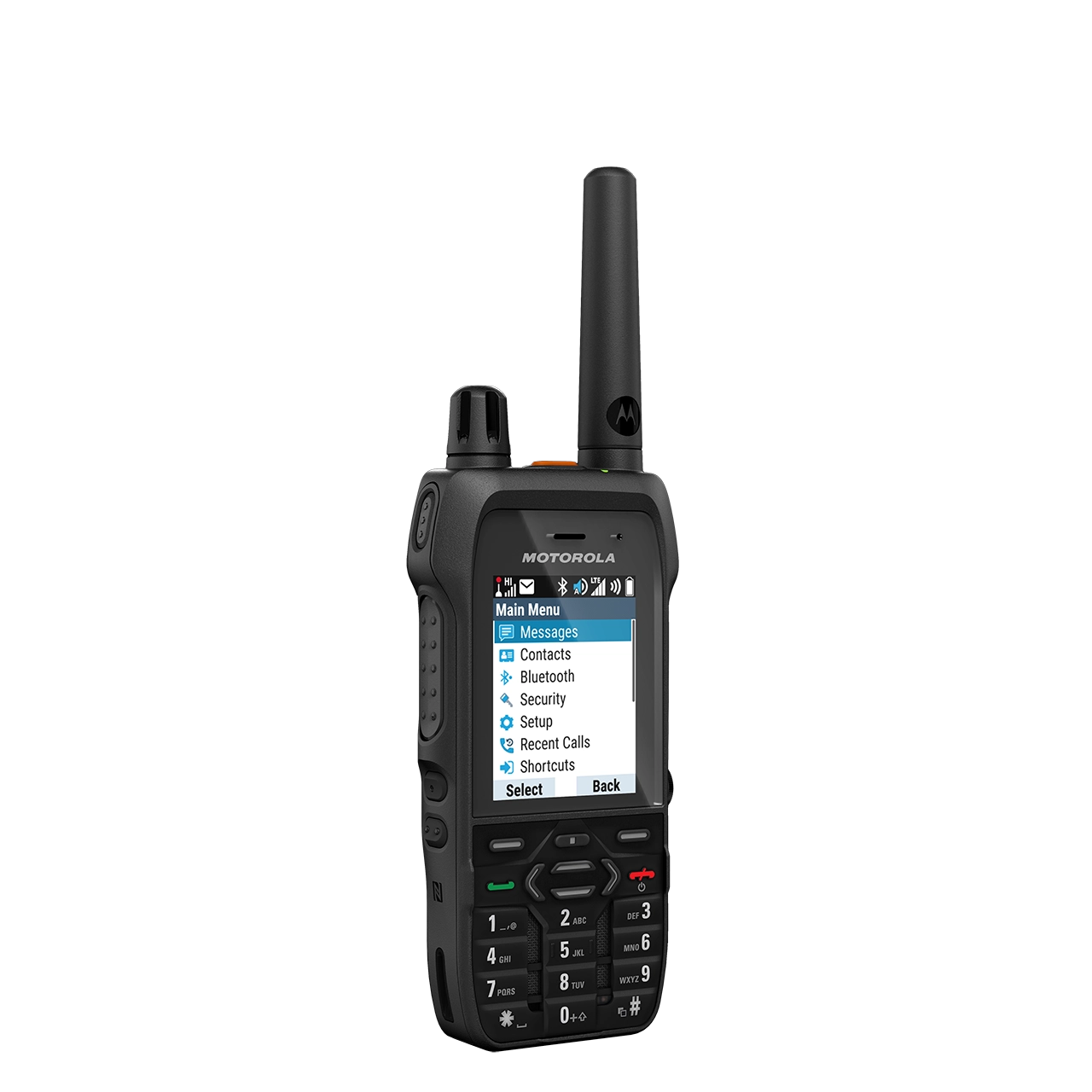 Black radio device showing menu options like messages and contacts on screen.