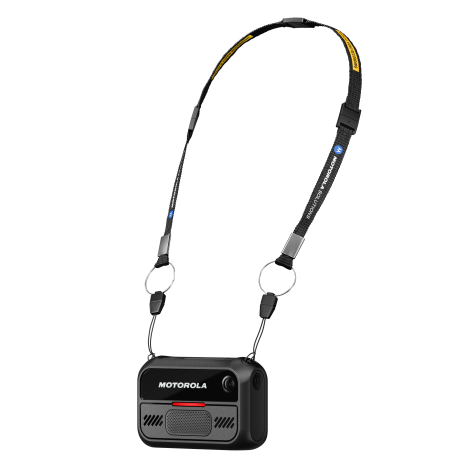 Dark grey portable speaker with strap.