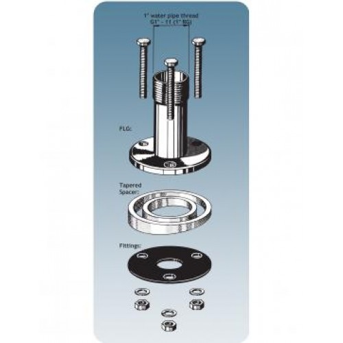 Exploded view of a water pipe coupling with threaded rod, spacer ring, and mounting parts.
