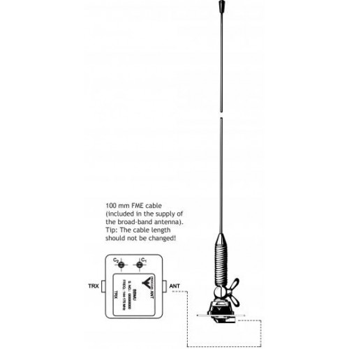 Antenna diagram with FME cable and transceiver connection.