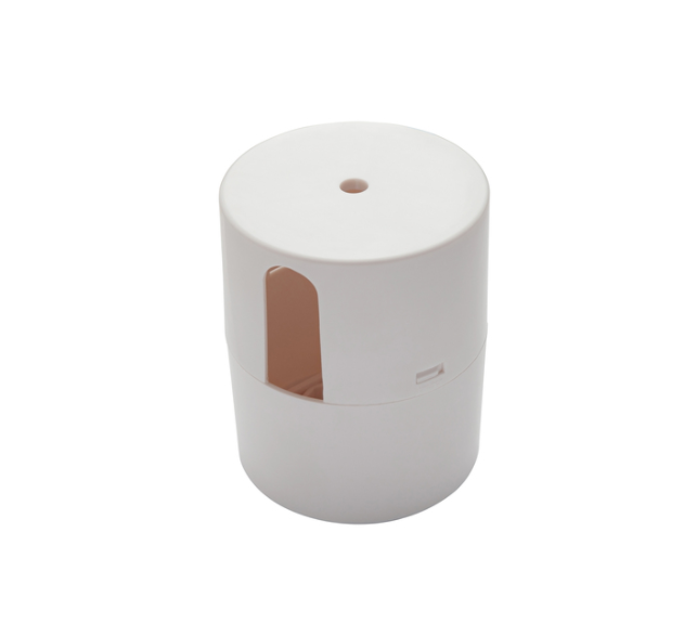 White cylindrical container with a hole and a side window.