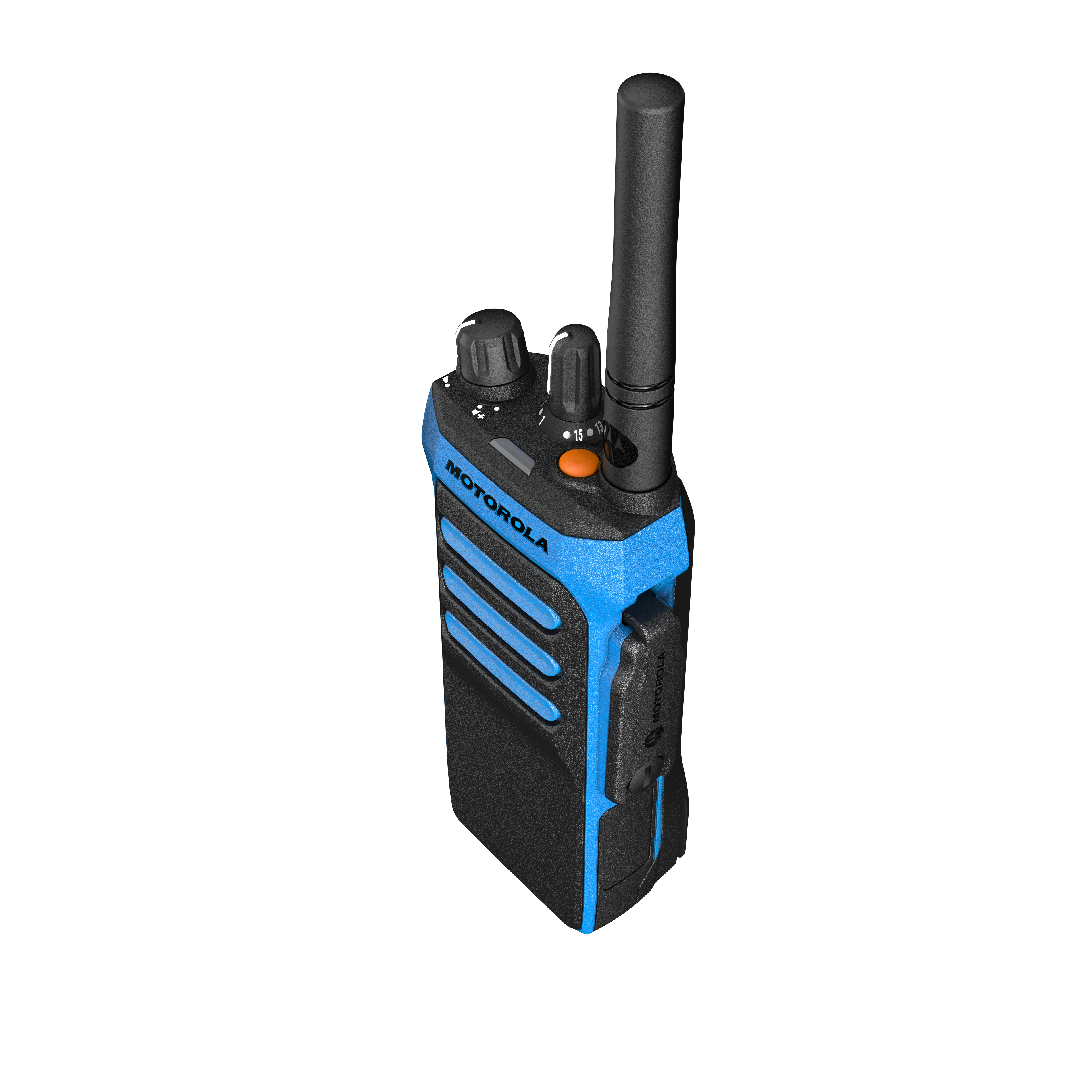Funkgerät mit blauem Gehäuse und Antenne.