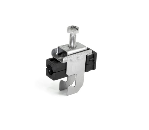 7000-00144300_fim_01.jpg Metallklemme mit Schraube und schwarzem Kunststoffgehäuse.