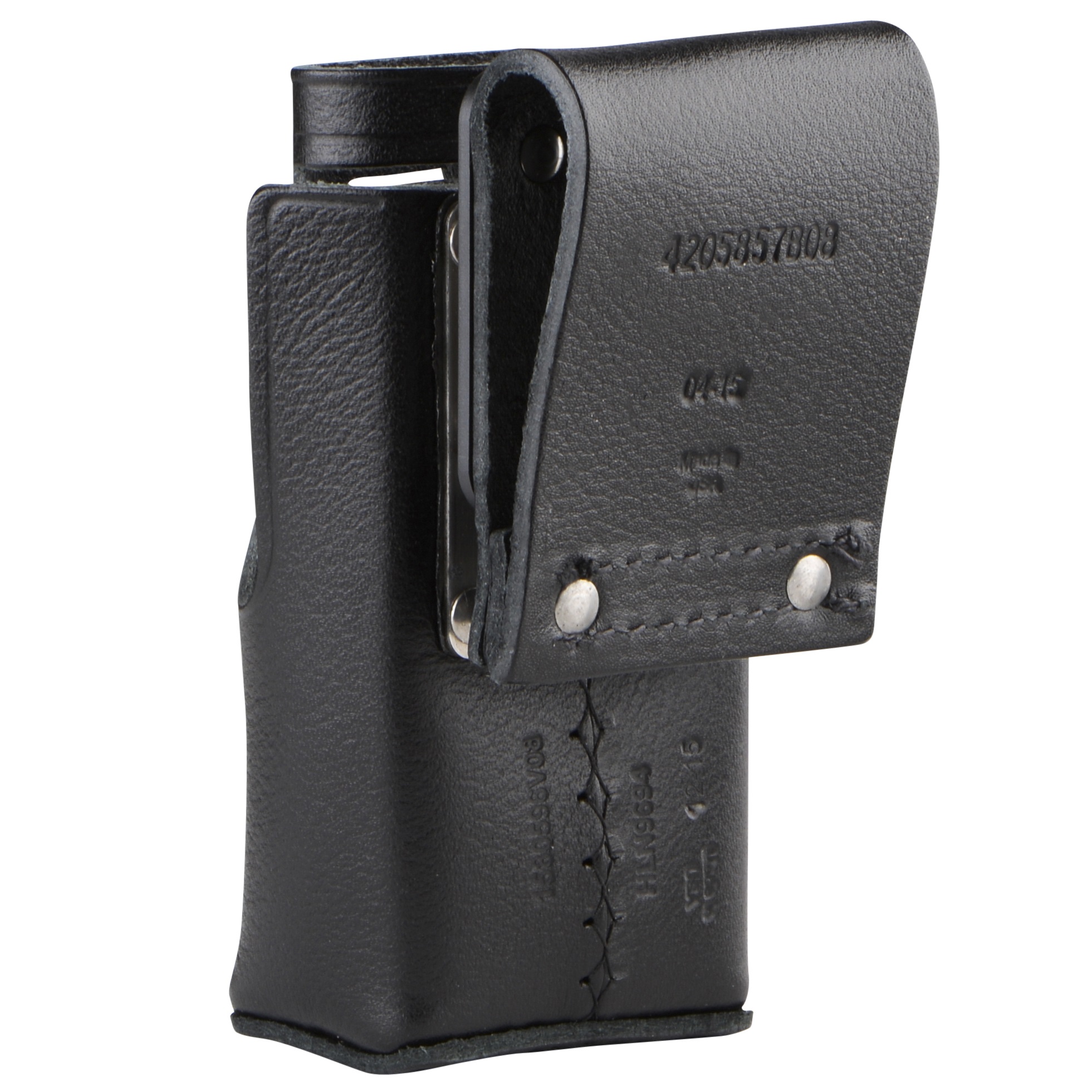 Black leather pouch with flap, rivets, embossed numbers.