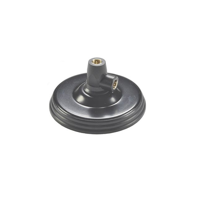 Round black lamp base with threaded connector.