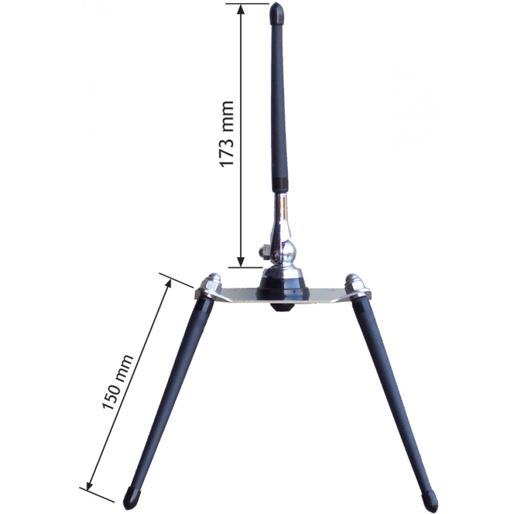 Black-silver antenna on a three-legged stand, 173 mm high, stand 150 mm.