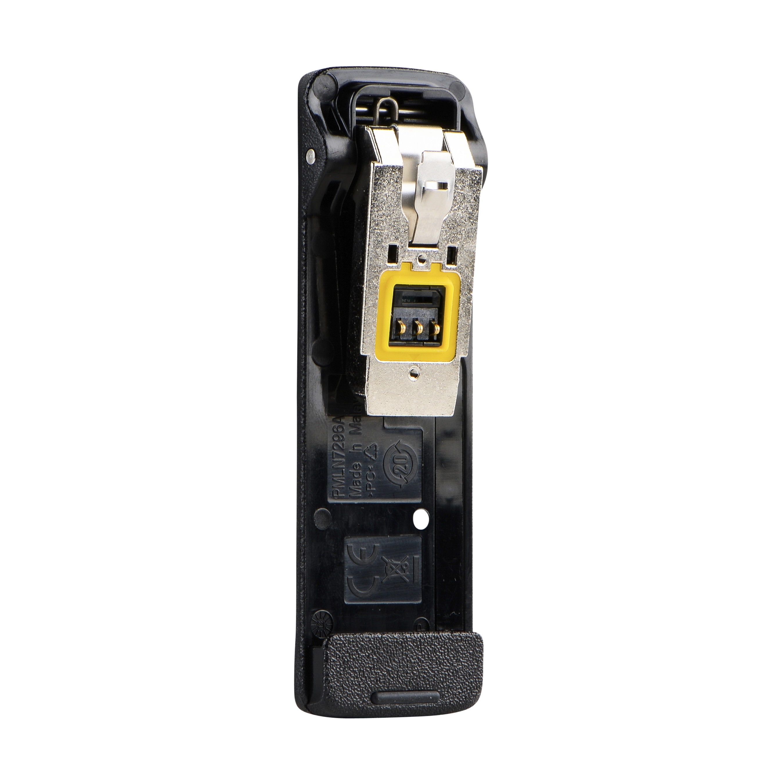 Black electronic SFP connector adapter with metal clip and yellow socket.