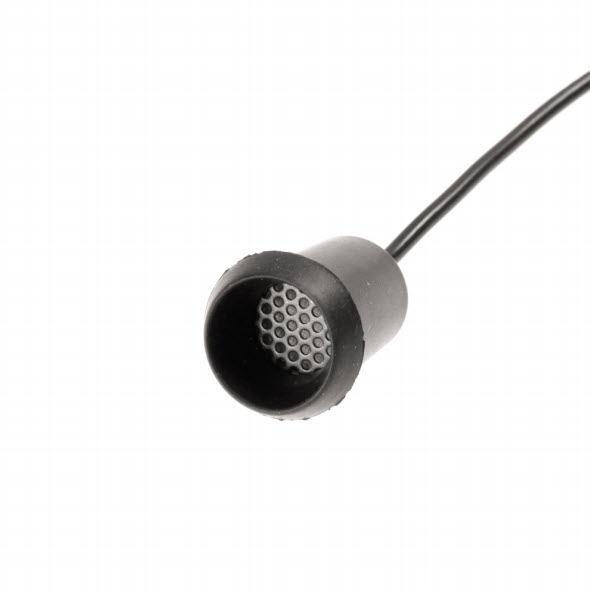 Round black sensor casing with hole pattern and cable.