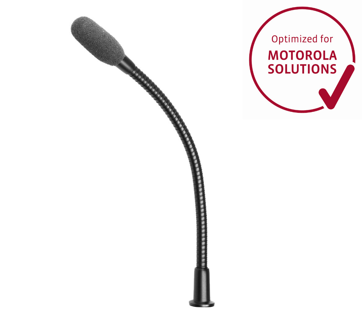 Flexible black gooseneck microphone with label 'Optimized for Motorola Solutions'.
