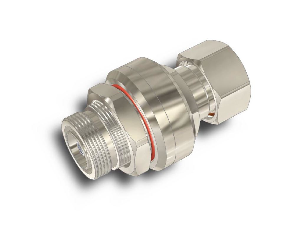 Metal connector with red sealing ring and hexagonal closure.