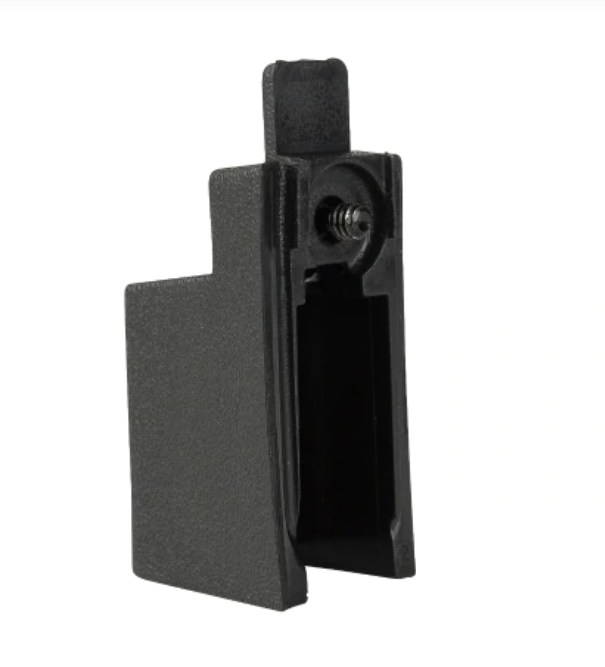 Schwarzes Kunststoffteil mit Haken und rechteckiger Form.