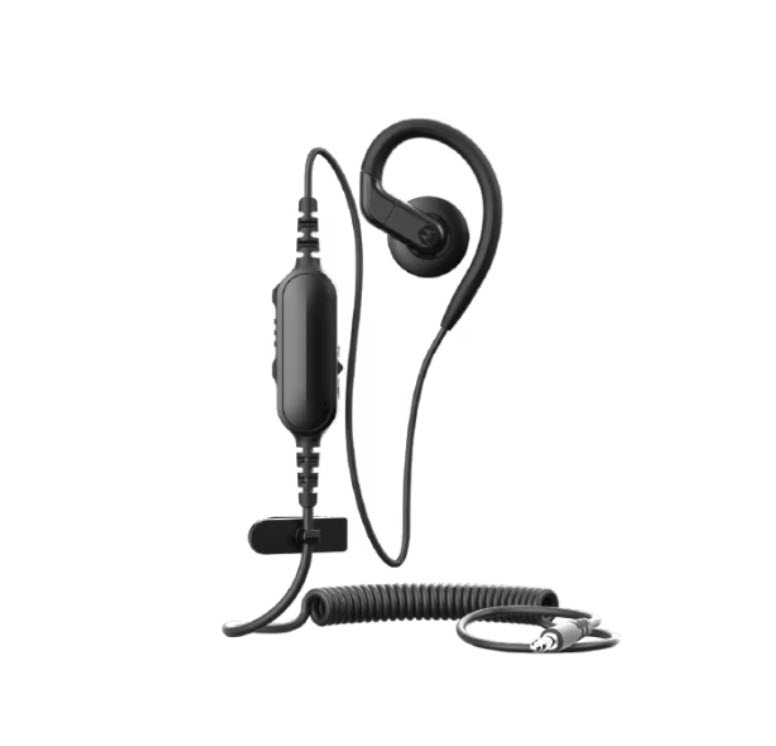 Black earhook headset with coiled cable and microphone.