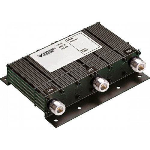 Black electronic device with three connectors and a label.