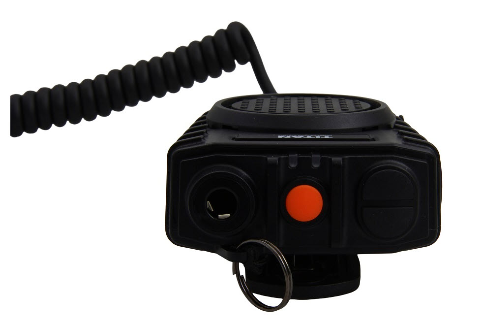 Black radio with coiled cable, speaker and red button.