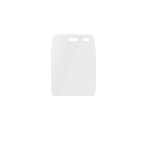 Gray identification card with rounded corners and two holes at the top.