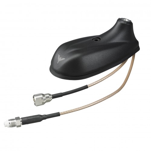 Black car antenna with two cable connectors.