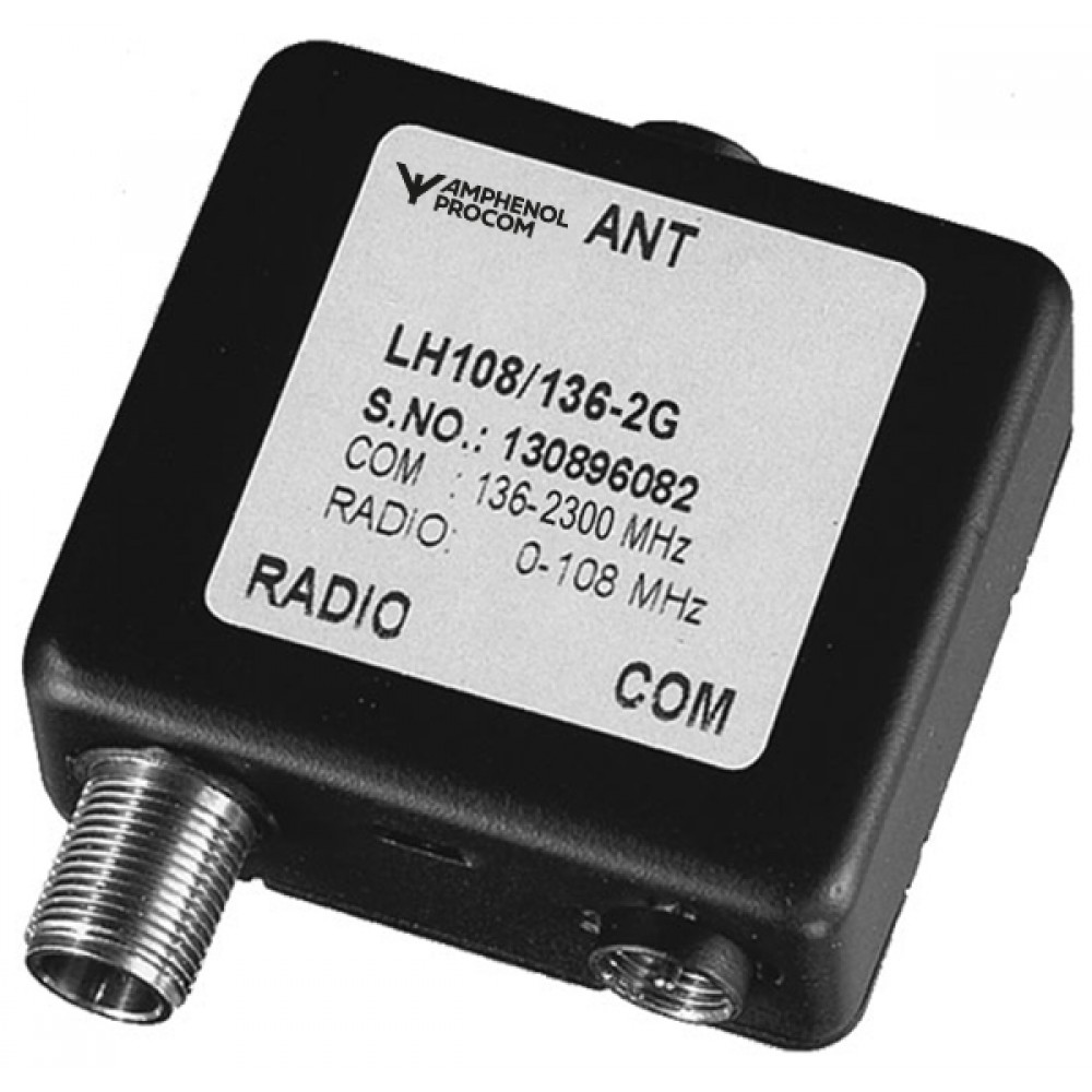 Frequenzweiche LH108/136-2G von Amphenol Procom mit Frequenzbereichen 136-2300 MHz und 0-108 MHz.