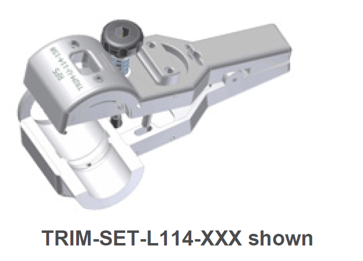 Metallteil mit Schraube und Hebel, TRIM-SET-L114-XXX Aufschrift.