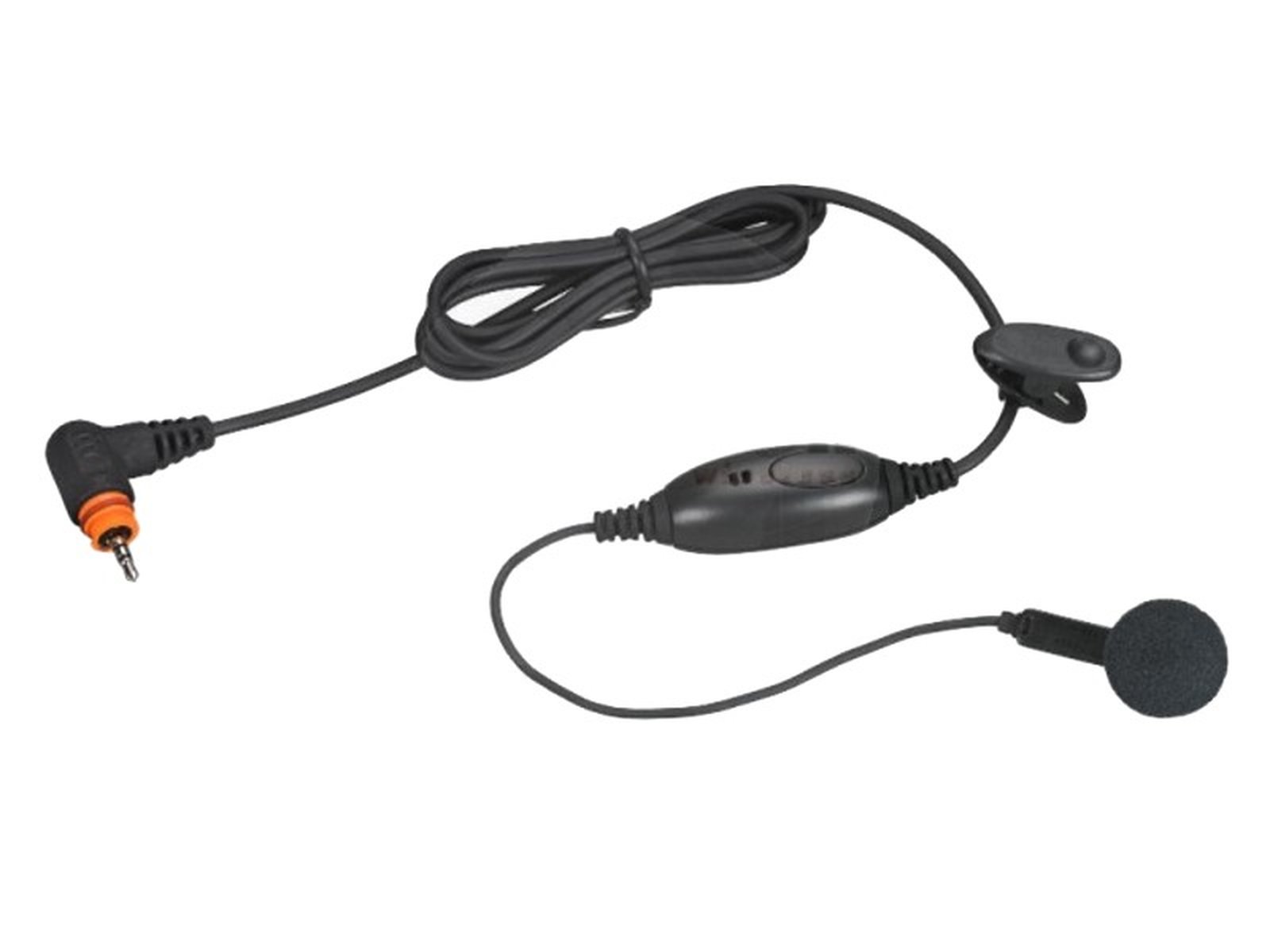 Wired microphone with clip, plug, and volume control.