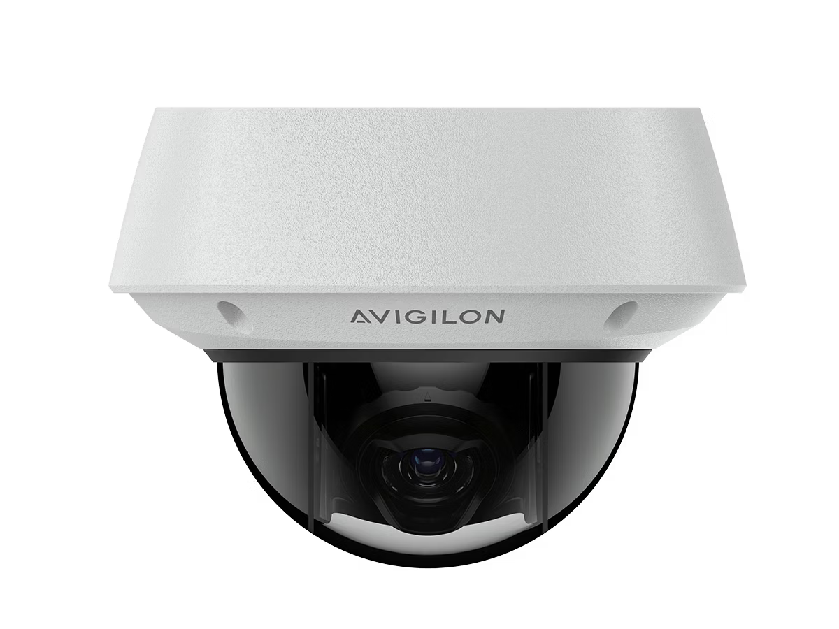 White surveillance camera with black lens, brand Avigilon.