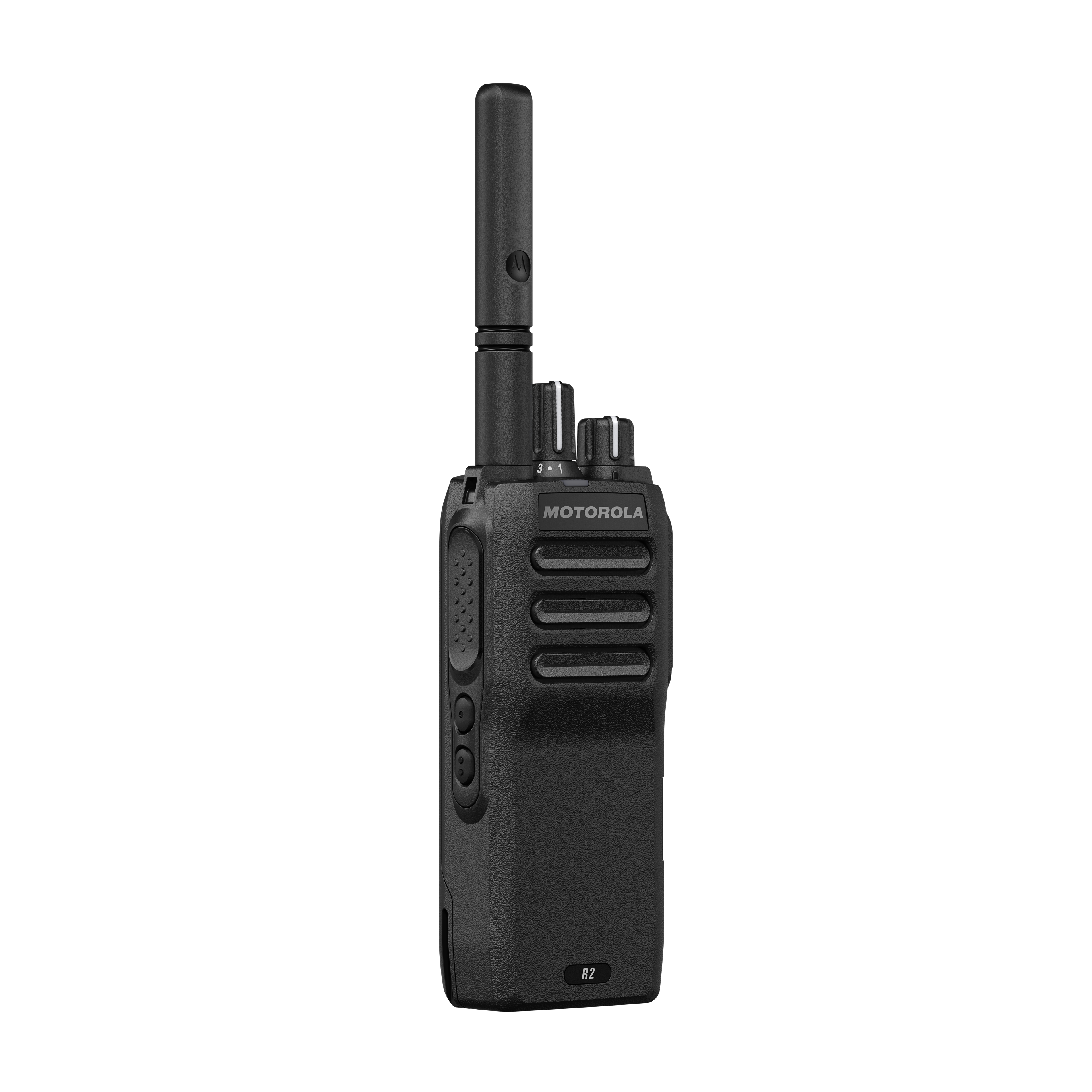Black handheld radio with antenna and knobs.
