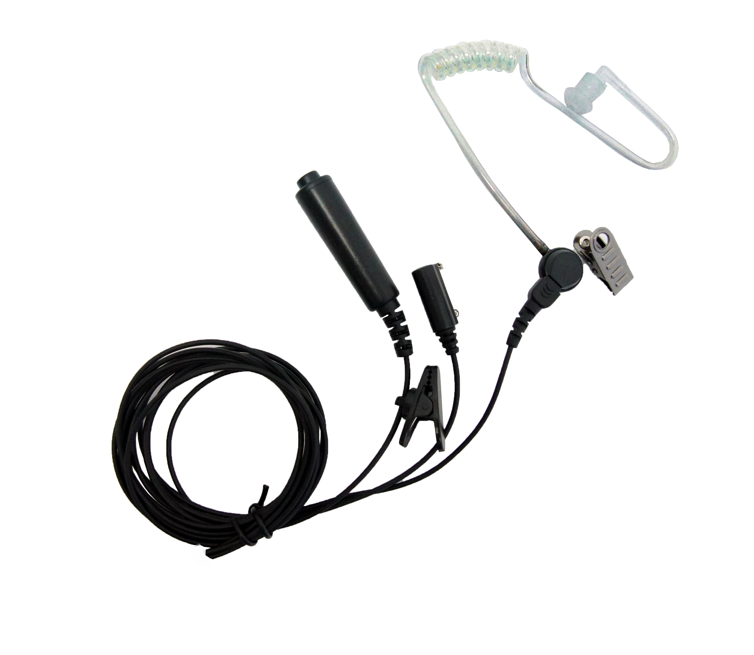 Akustikschlauch-Knopfohrhörer mit Mikrofon und Kabel.