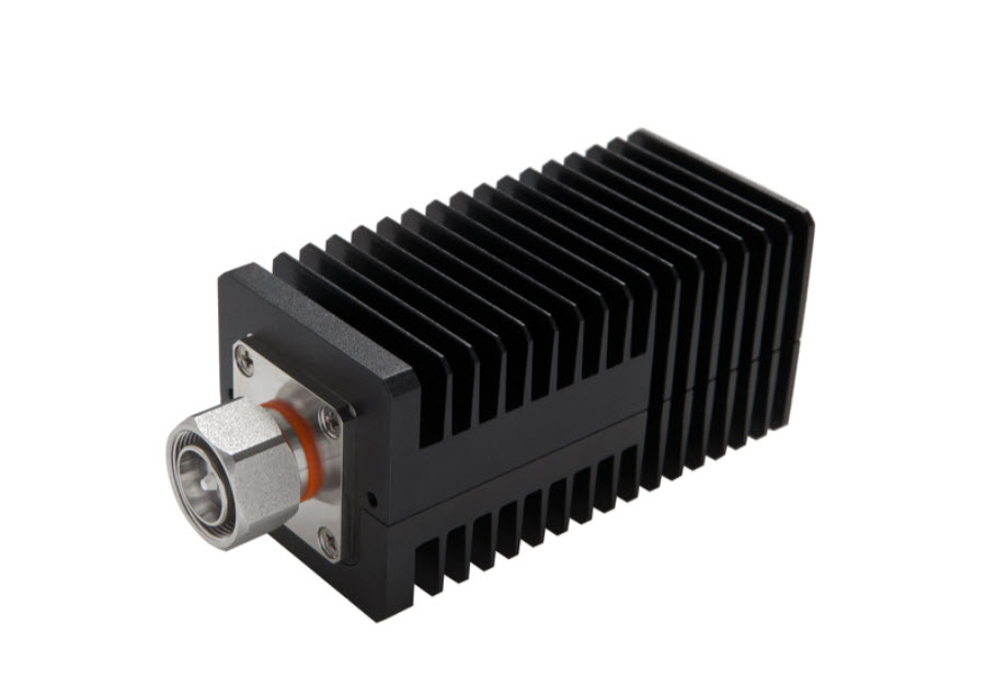 Compact black heat sink with metal connector in front.