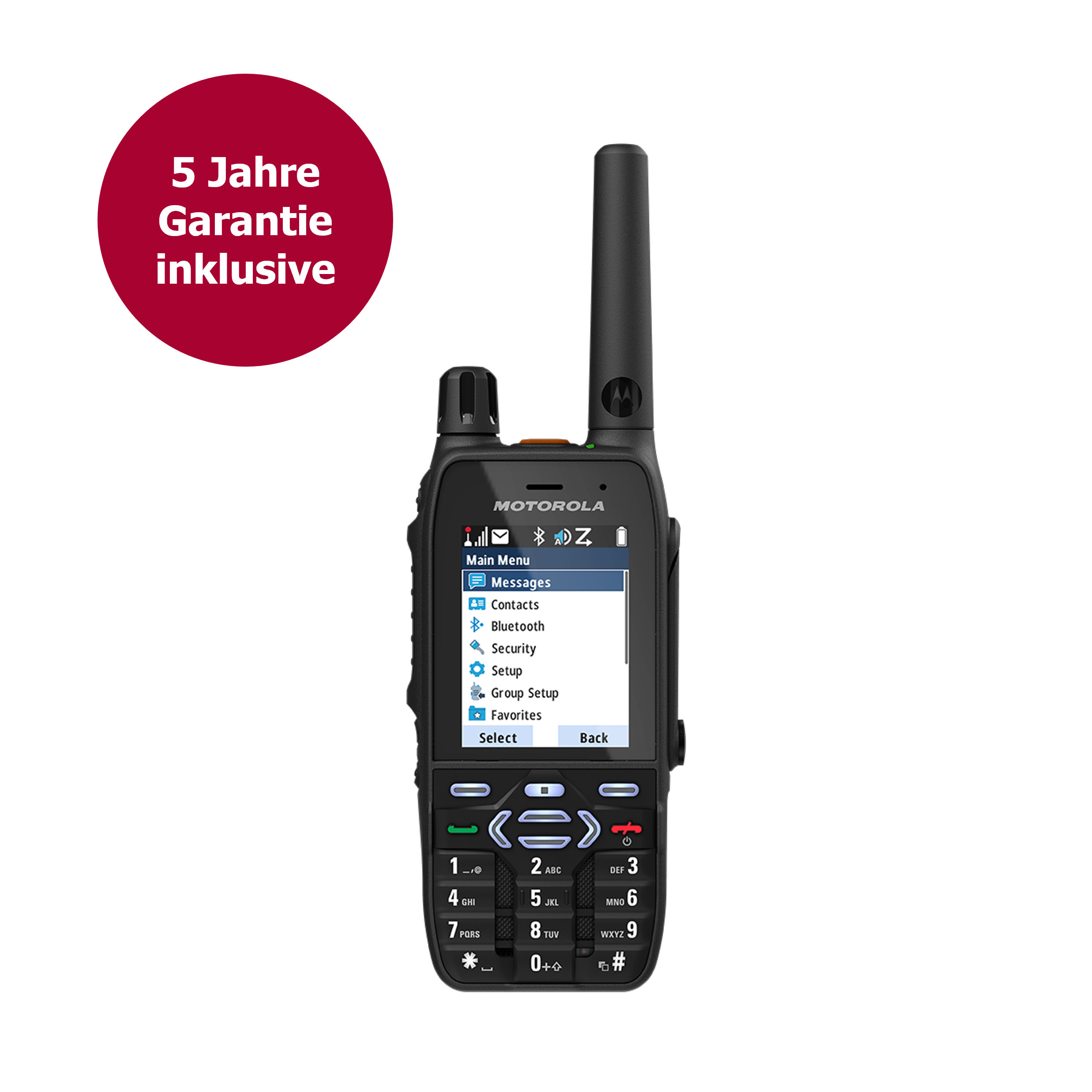 Walkie-Talkie mit Bildschirm zeigt Menü, Aufschrift: 5 Jahre Garantie inklusive.