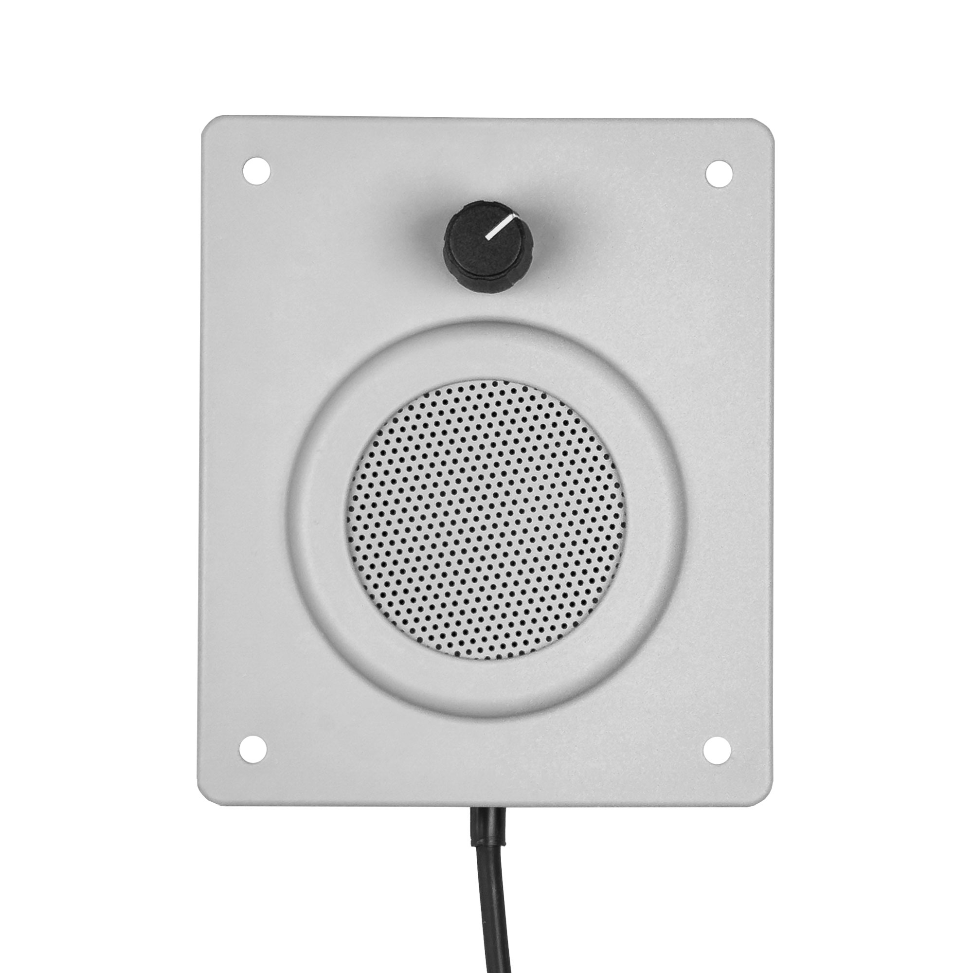 Lautsprecher mit Einstellknopf an der Oberseite, verbunden mit einem Kabel.