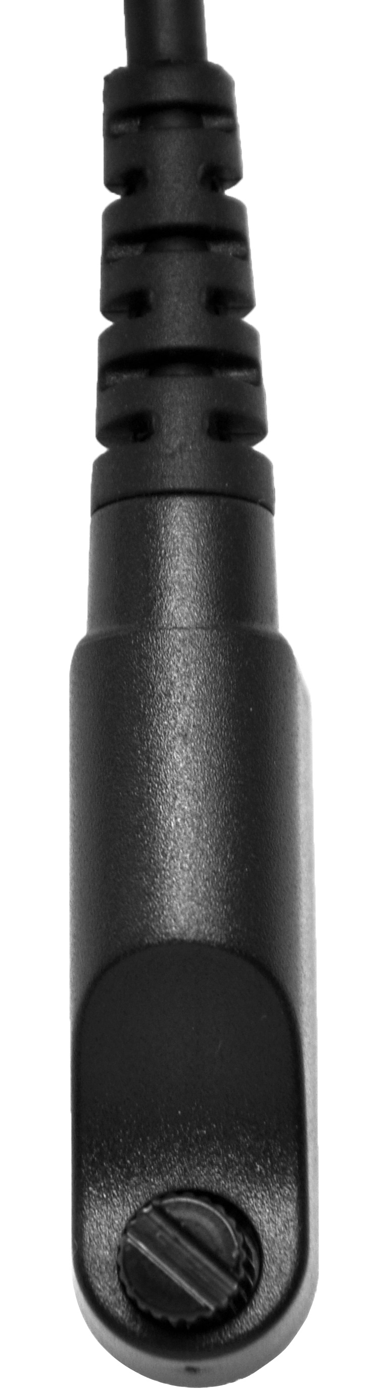 Close-up of a black cable connector with a screw lock.