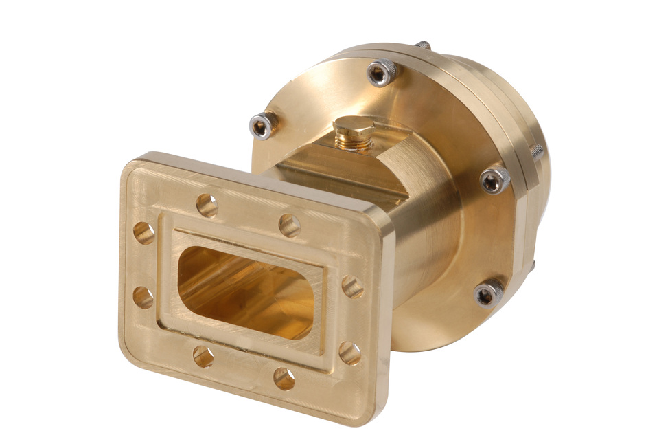 Metal rectangular flange with holes, gold color.