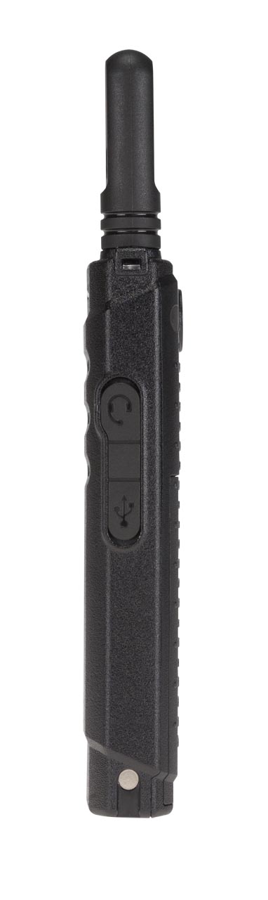 Black rectangular device with side symbol buttons and antenna.