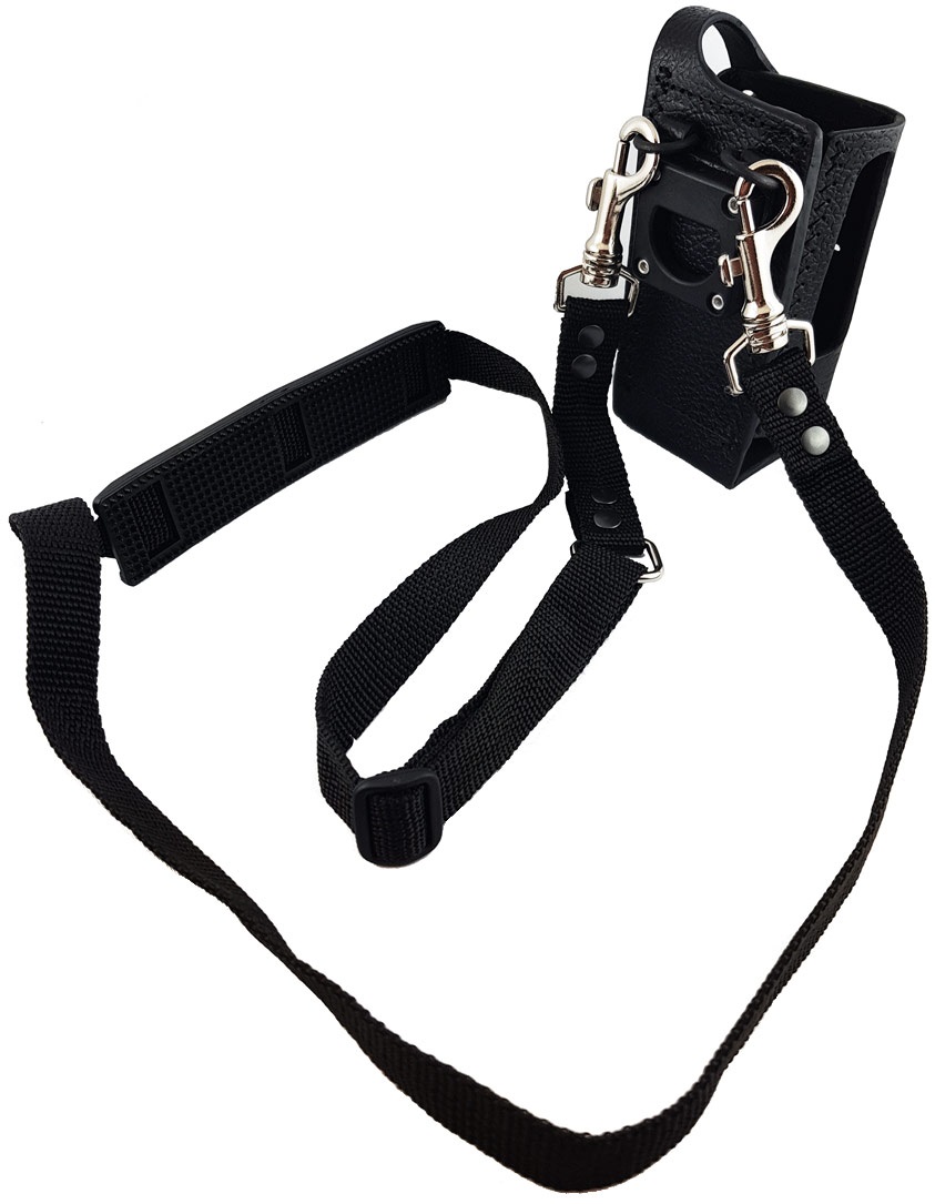 Schwarzer Trageriemen mit Haken und Clip für Taschen.