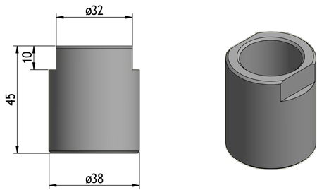 Zylinder aus Metall mit Maßen: Durchmesser 38, 32, Höhe 45, Nutbreite 10 mm.