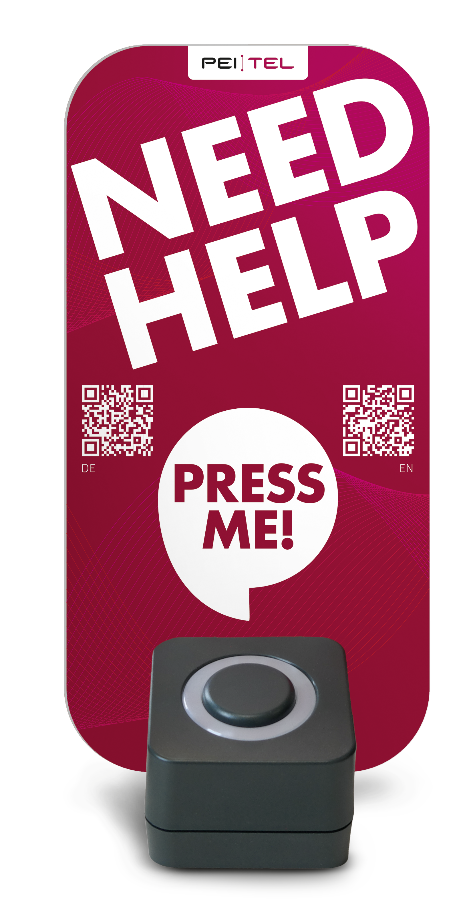 Roter Knopf mit Text 'NEED HELP' und 'PRESS ME'. QR-Codes links und rechts für Sprachen DE und EN.