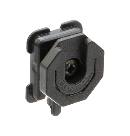 Black hexagonal plastic clip with a screw in the center.