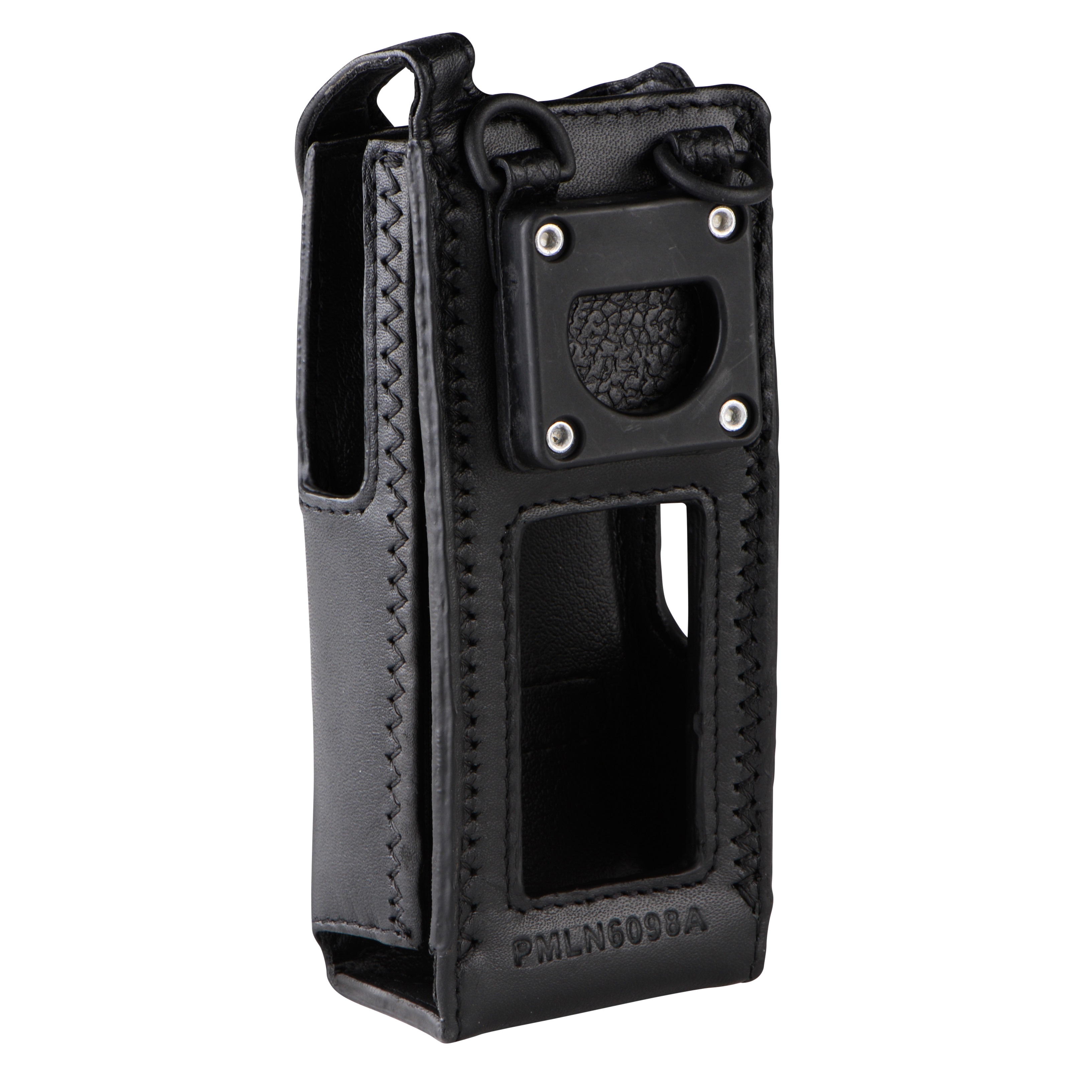 Schwarze Schutzhülle aus Leder für elektronische Geräte mit offener Front und Seitenausschnitten.