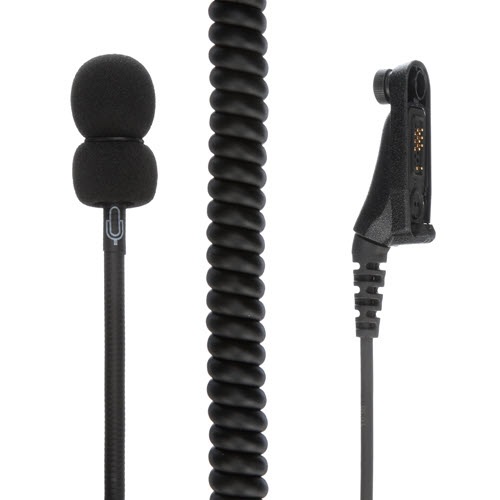 Microphone with coiled cable and clip for device connection.