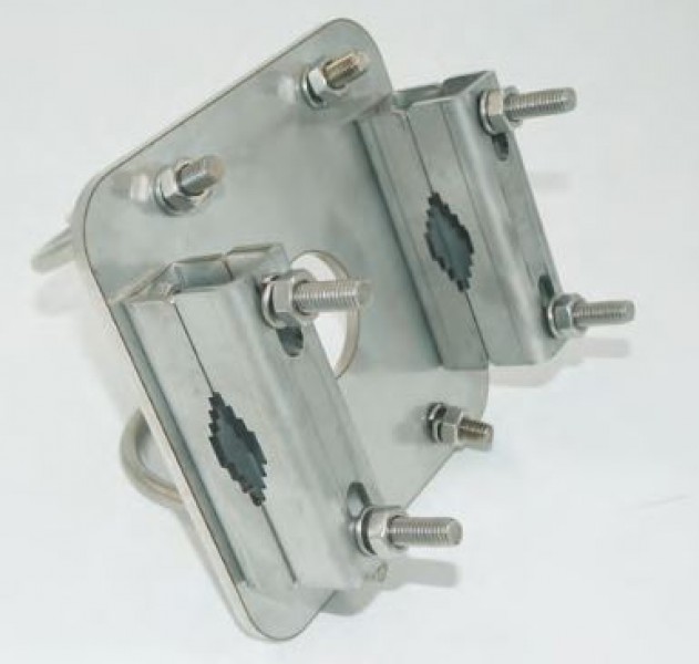 Metal bracket with screws and fastenings, rectangular with two clamps.