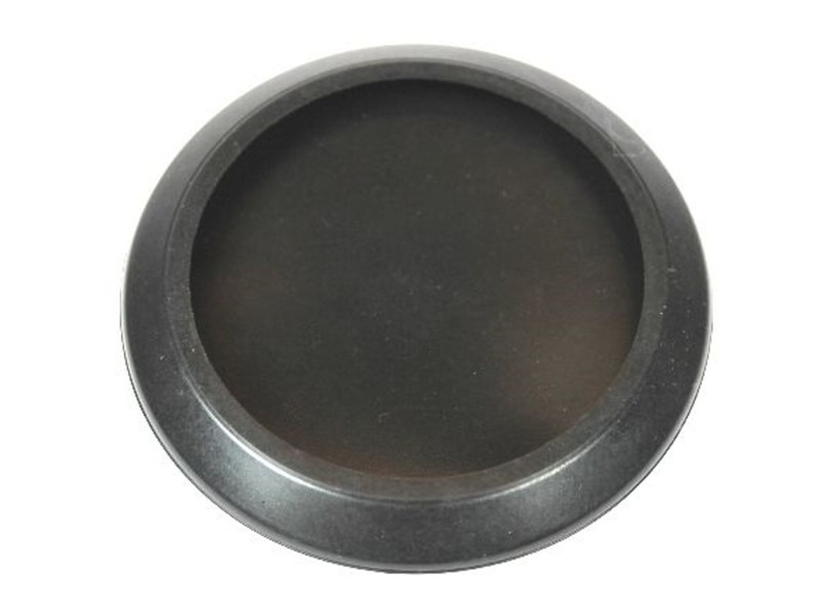 Round black plastic lid on white background.
