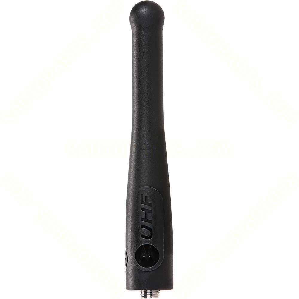 Schwarze UHF-Antenne mit runder Spitze und Schraubanschluss unten.