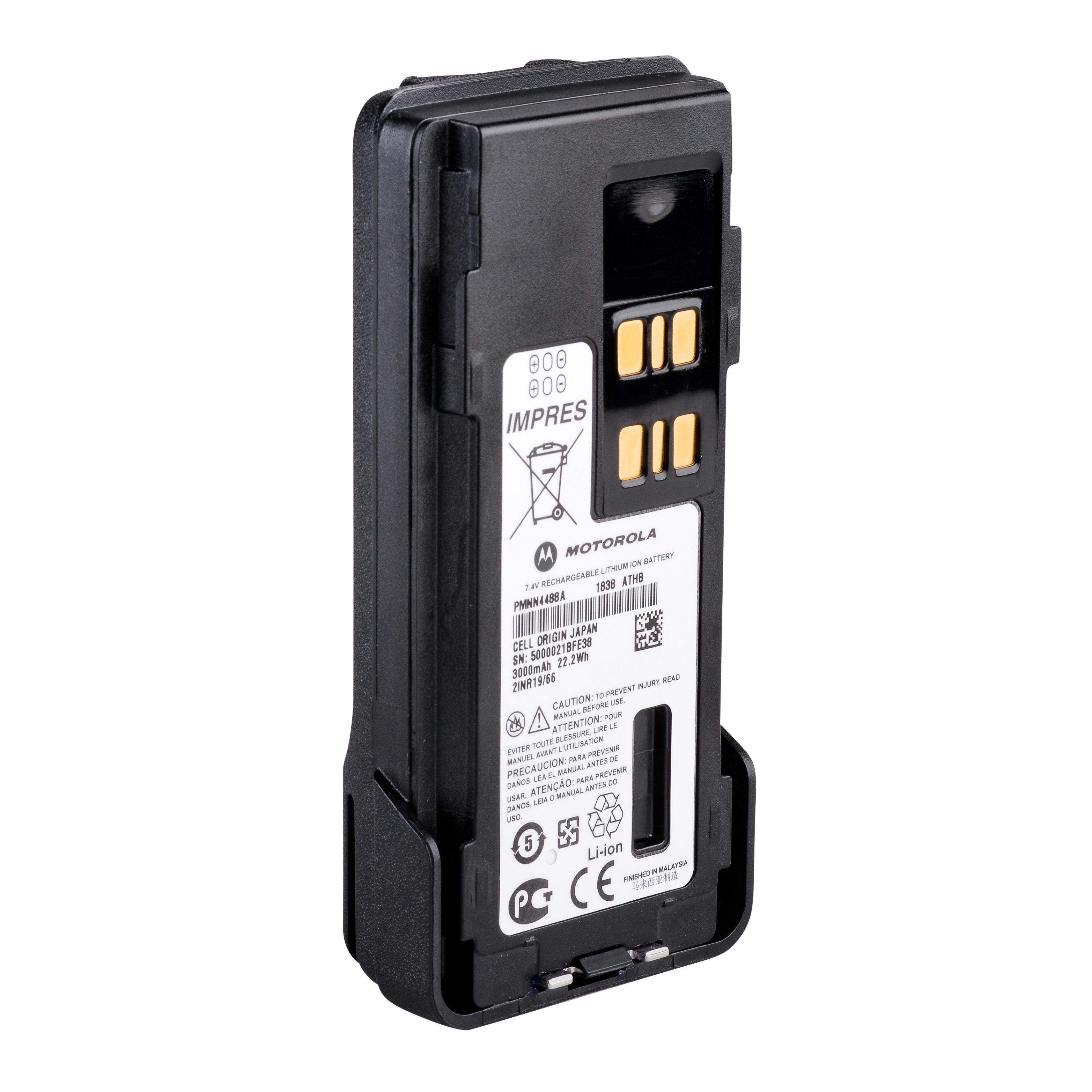 7000-00264400_mot_02.jpg Black upright battery pack with label and gold contacts.