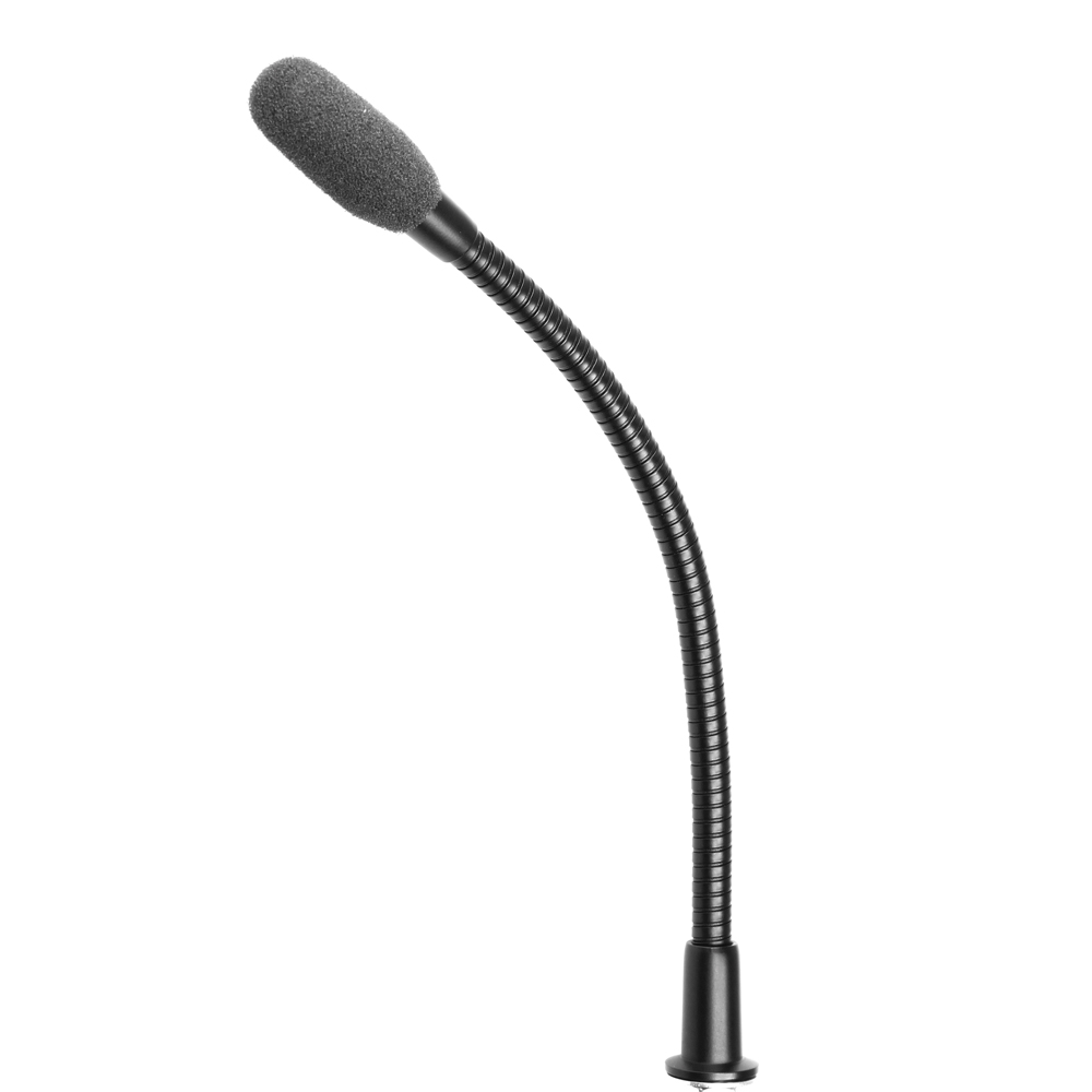 Black flexible gooseneck microphone with foam windscreen.