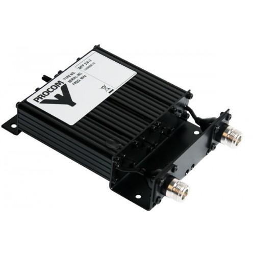 Black electronic box with connectors, label on top