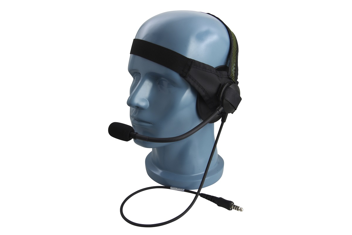Blauer Kunststoffkopf mit Headset und Mikrofon, Kabel mit 3,5-mm-Stecker.