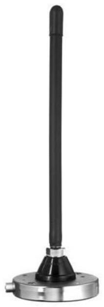 Black antenna with a round metal base.