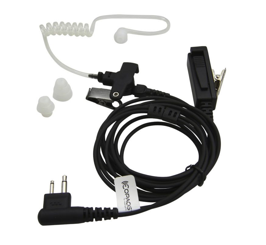 An earpiece set with coiled cable, microphone, and clip.