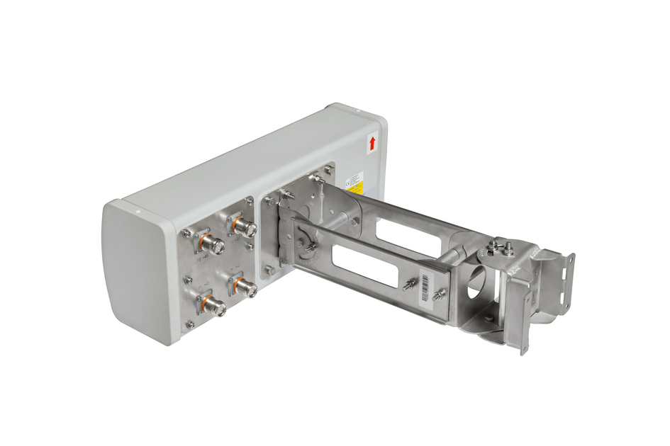 Metal bracket with multiple connectors and rectangular housing.