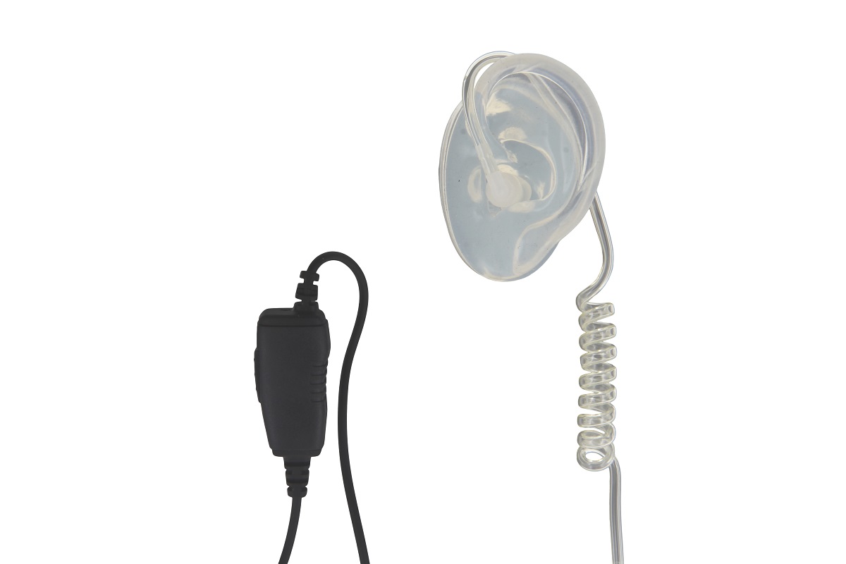 Transparenter Ohrhörer mit schwarzem Kabel und Spirale.